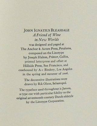 JOHN IGNATIUS BLEASDALE. A FRIEND OF WINE IN NEW WORLDS