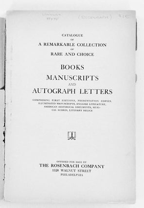 CATALOGUE OF RARE AND IMPORTANT BOOKS MANUSCRIPTS AUTOGRAPH LETTERS. No 18
