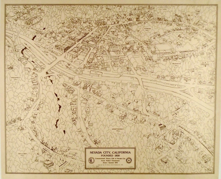 Item #2510 ORIGINAL SIGNED MAP OF NEVADA CITY, CALIFORNIA 1975. LINEN MOUNTED. Robert CHRESTENSEN.