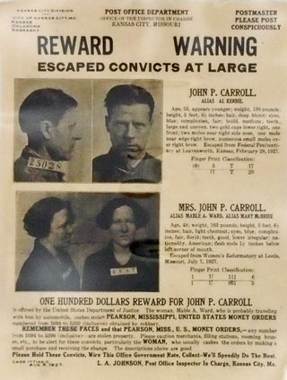 Item #2609 ORIGINAL WANTED POSTER: HUSBAND AND WIFE JAIL BREAK. 1927. L. A. JOHNSON, Post Office...