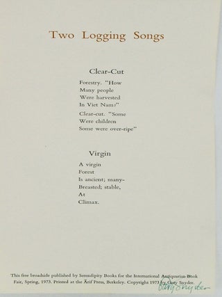 ORIGINAL BROADSIDE / "TWO LOGGING SONGS" / SIGNED / SERENDIPITY BOOKS. GARY SNYDER.